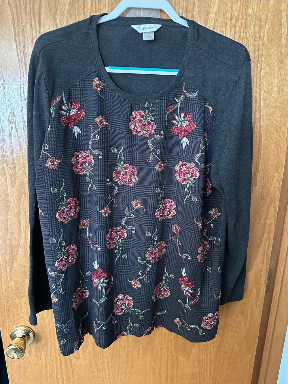 CJ Banks Black Long-Sleeve Top with Burgundy Floral Plaid Front